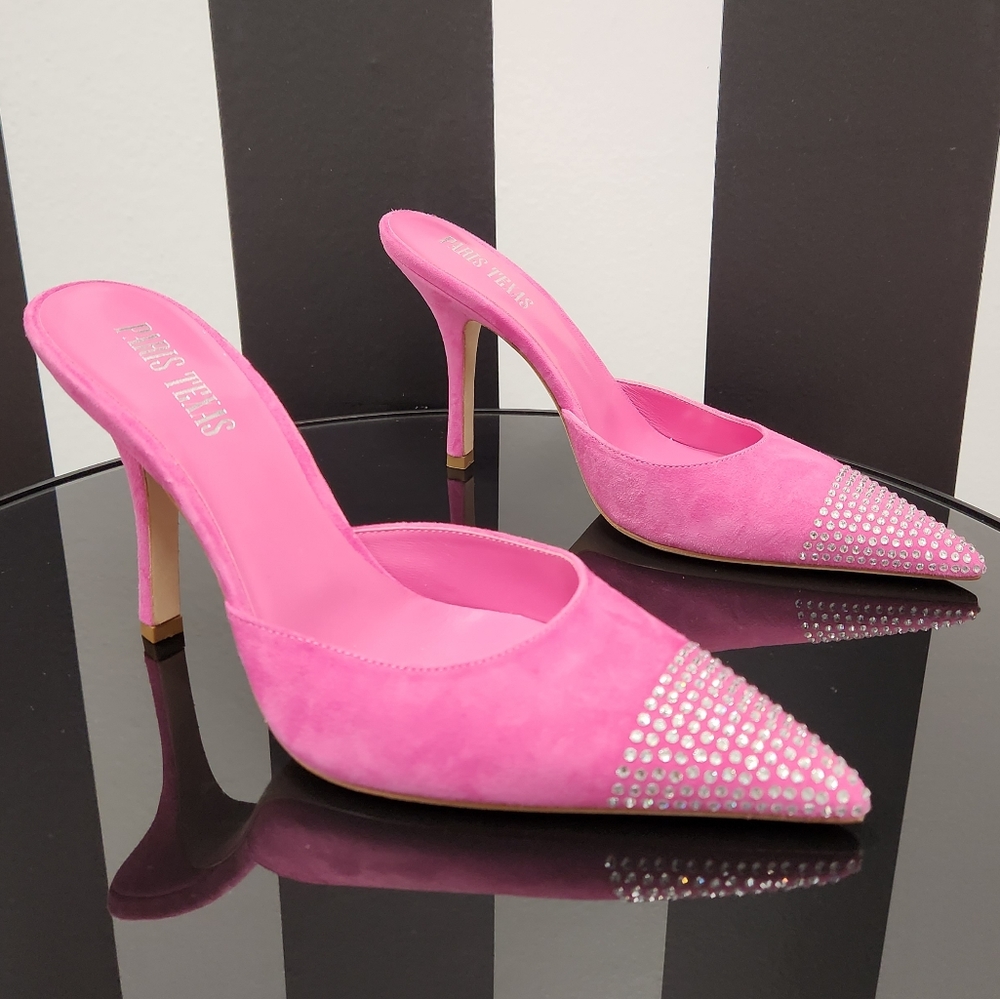 New Paris Texas Holly Cherry Embellished Pink Suede Mules Size 9 (US) 39 (EU) - Picture 2 of 7